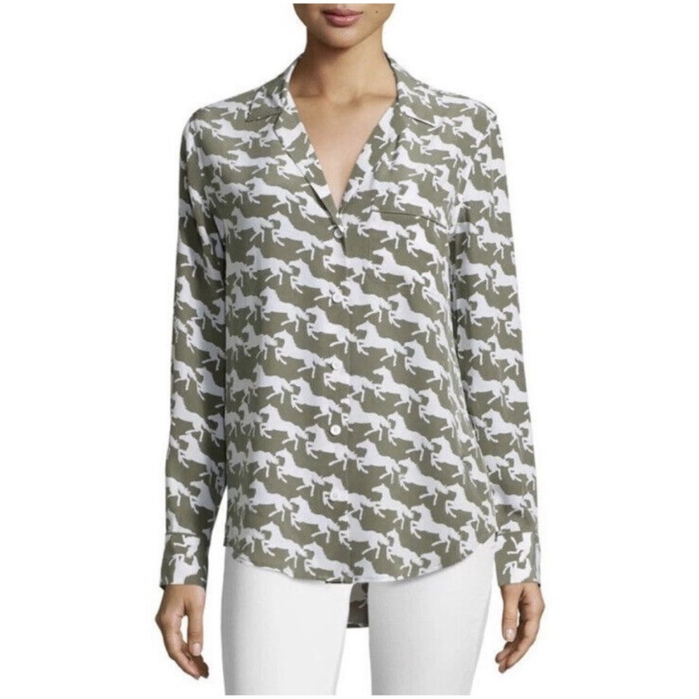 Equipment Keira Silk Horse Print Blouse Small Army Green White